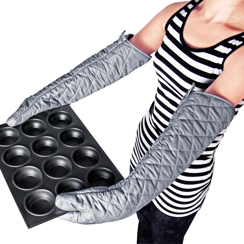 1-2pcs Oven Gloves Long Cotton Oven Mitts BBQ Glove Kitchen Accessories 23In Heat Resistant Anti-hot Baking Gloves Cooking Tool