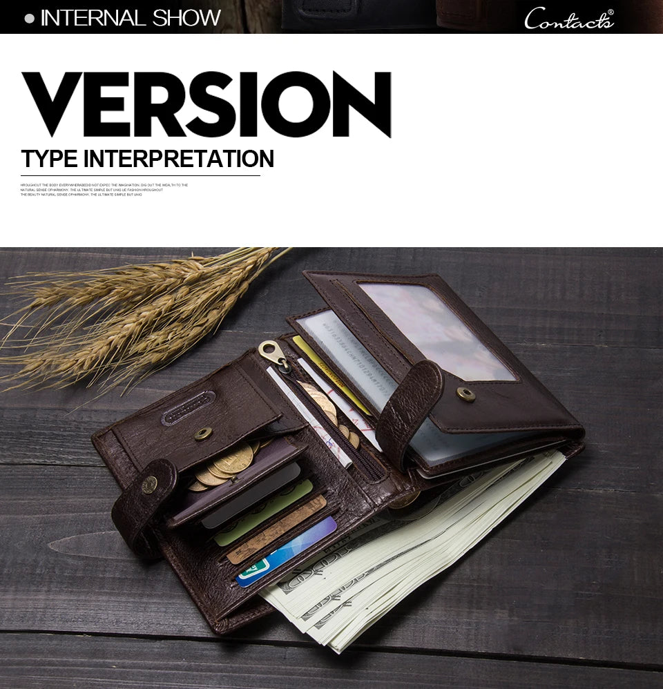 CONTACT'S Leather Wallet Luxury Male Genuine Leather Wallets Men Hasp Purse With Passcard Pocket and Card Holder High Quality