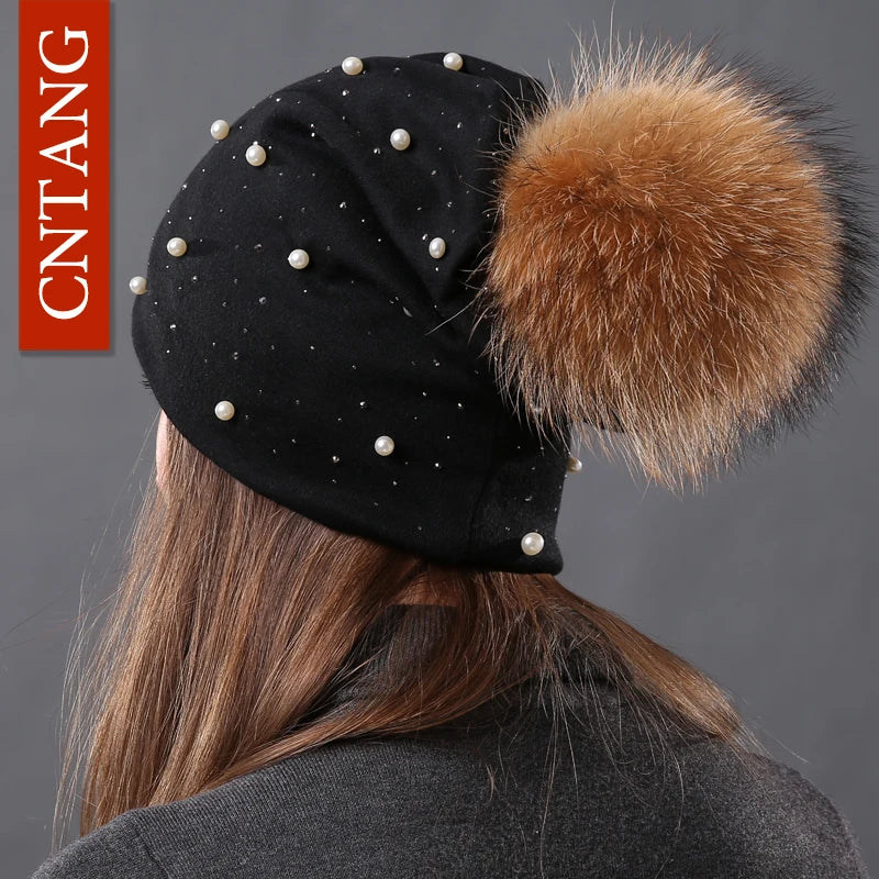 CNTANG Women's Fashion Hat Autumn Winter Rhinestones Pearl Hats Female Beanies Natural Raccoon Fur Pompom Cotton Warm Caps