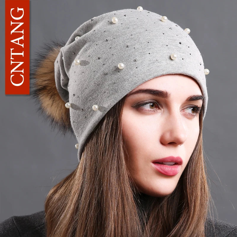 CNTANG Women's Fashion Hat Autumn Winter Rhinestones Pearl Hats Female Beanies Natural Raccoon Fur Pompom Cotton Warm Caps
