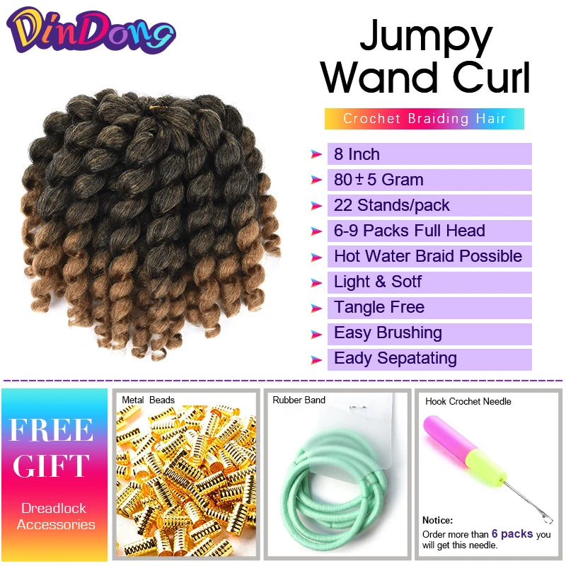 DinDong 8'' Synthetic Jumpy Wand Curl Hair Jamaican Bounce Braiding Hair Extension Crochet Braids Hair For Woman