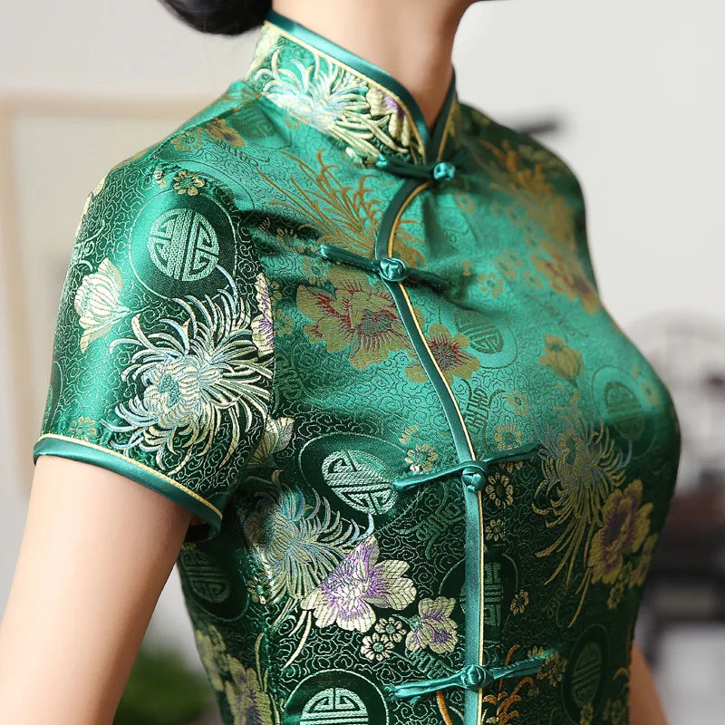 New Green Satin Flower Cheongsam Chinese Classic Women Sexy Qipao Elegant Short Sleeve Long Novelty Dress High Quality 3XL