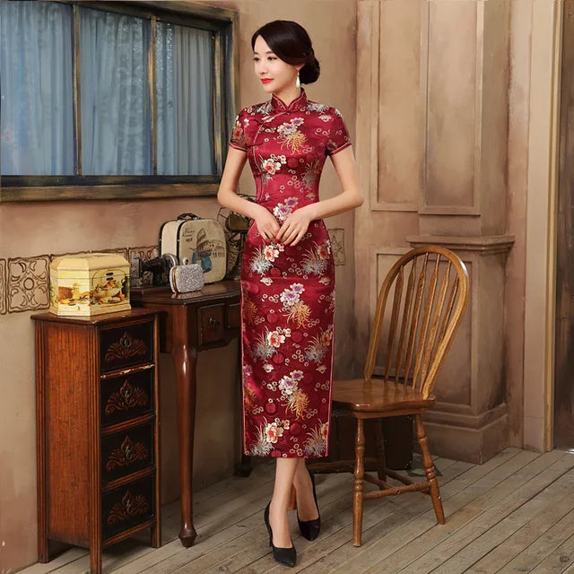 New Green Satin Flower Cheongsam Chinese Classic Women Sexy Qipao Elegant Short Sleeve Long Novelty Dress High Quality 3XL