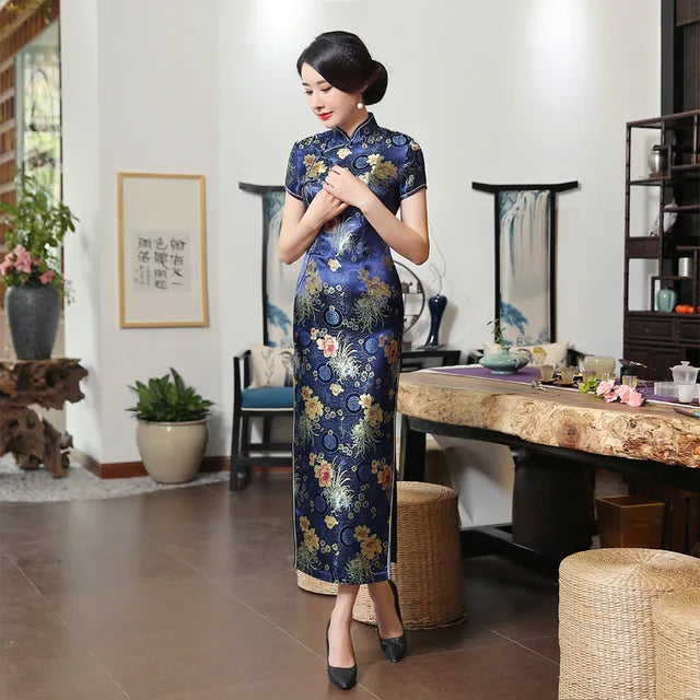 New Green Satin Flower Cheongsam Chinese Classic Women Sexy Qipao Elegant Short Sleeve Long Novelty Dress High Quality 3XL