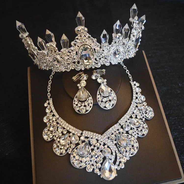 Luxury Big Rhinestone Bridal Jewelry Sets Silver Plated Crystal Crown Tiaras Choker Necklace Earrings Sets Wedding Accessories