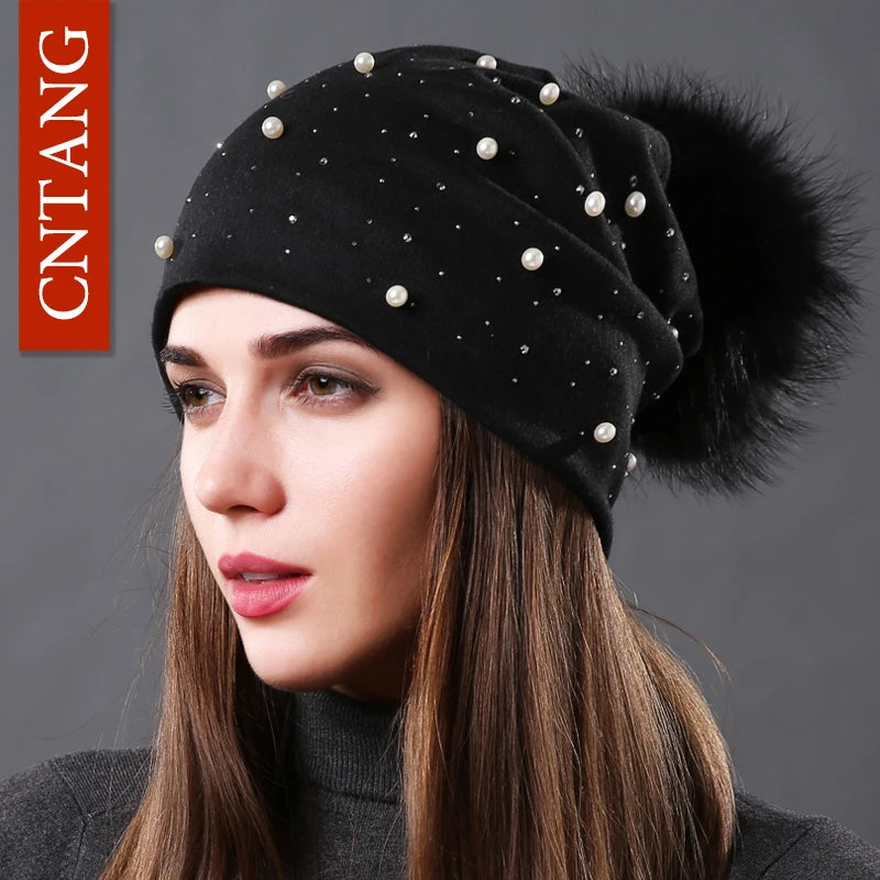 CNTANG Women's Fashion Hat Autumn Winter Rhinestones Pearl Hats Female Beanies Natural Raccoon Fur Pompom Cotton Warm Caps