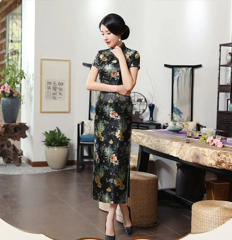New Green Satin Flower Cheongsam Chinese Classic Women Sexy Qipao Elegant Short Sleeve Long Novelty Dress High Quality 3XL
