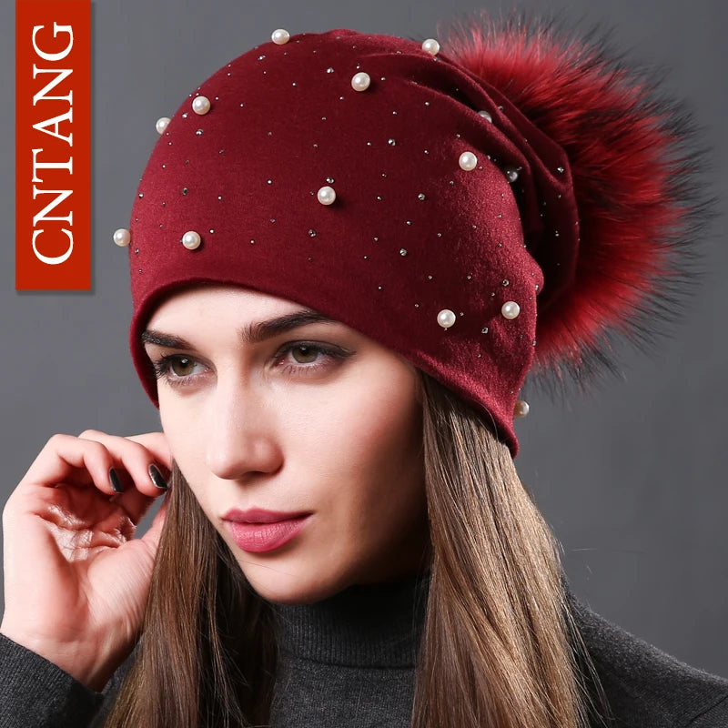 CNTANG Women's Fashion Hat Autumn Winter Rhinestones Pearl Hats Female Beanies Natural Raccoon Fur Pompom Cotton Warm Caps