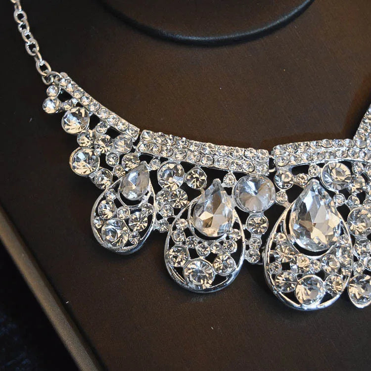 Luxury Big Rhinestone Bridal Jewelry Sets Silver Plated Crystal Crown Tiaras Choker Necklace Earrings Sets Wedding Accessories