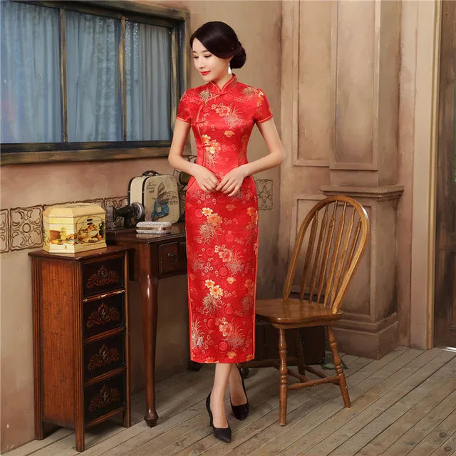 New Green Satin Flower Cheongsam Chinese Classic Women Sexy Qipao Elegant Short Sleeve Long Novelty Dress High Quality 3XL