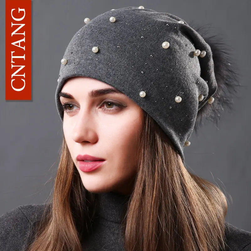 CNTANG Women's Fashion Hat Autumn Winter Rhinestones Pearl Hats Female Beanies Natural Raccoon Fur Pompom Cotton Warm Caps