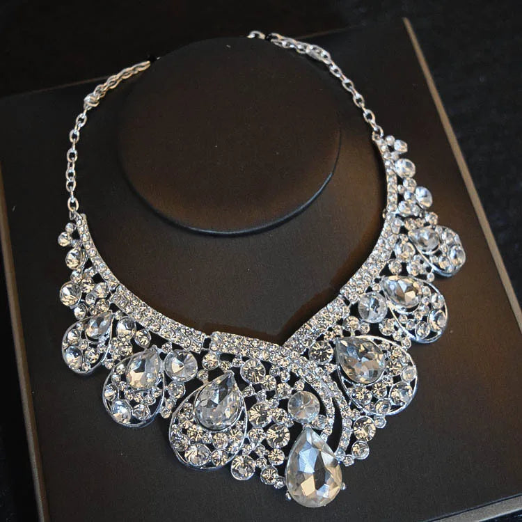 Luxury Big Rhinestone Bridal Jewelry Sets Silver Plated Crystal Crown Tiaras Choker Necklace Earrings Sets Wedding Accessories