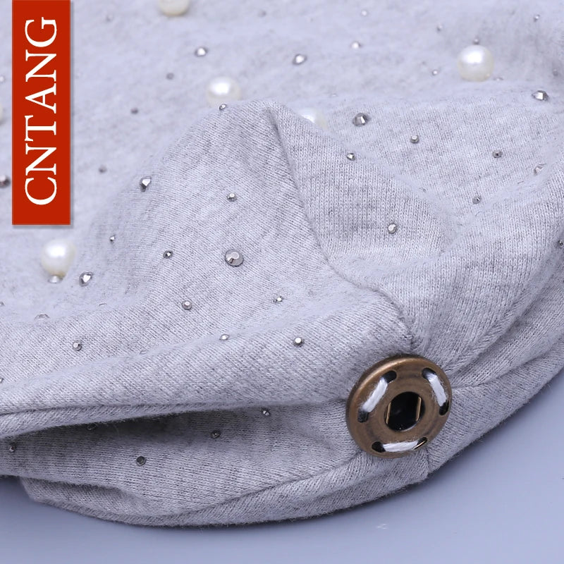 CNTANG Women's Fashion Hat Autumn Winter Rhinestones Pearl Hats Female Beanies Natural Raccoon Fur Pompom Cotton Warm Caps