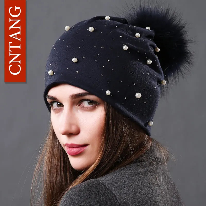 CNTANG Women's Fashion Hat Autumn Winter Rhinestones Pearl Hats Female Beanies Natural Raccoon Fur Pompom Cotton Warm Caps