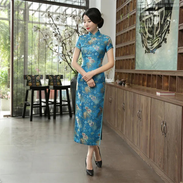New Green Satin Flower Cheongsam Chinese Classic Women Sexy Qipao Elegant Short Sleeve Long Novelty Dress High Quality 3XL