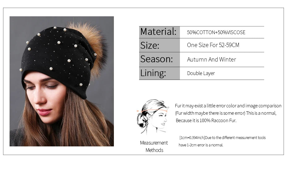 CNTANG Women's Fashion Hat Autumn Winter Rhinestones Pearl Hats Female Beanies Natural Raccoon Fur Pompom Cotton Warm Caps