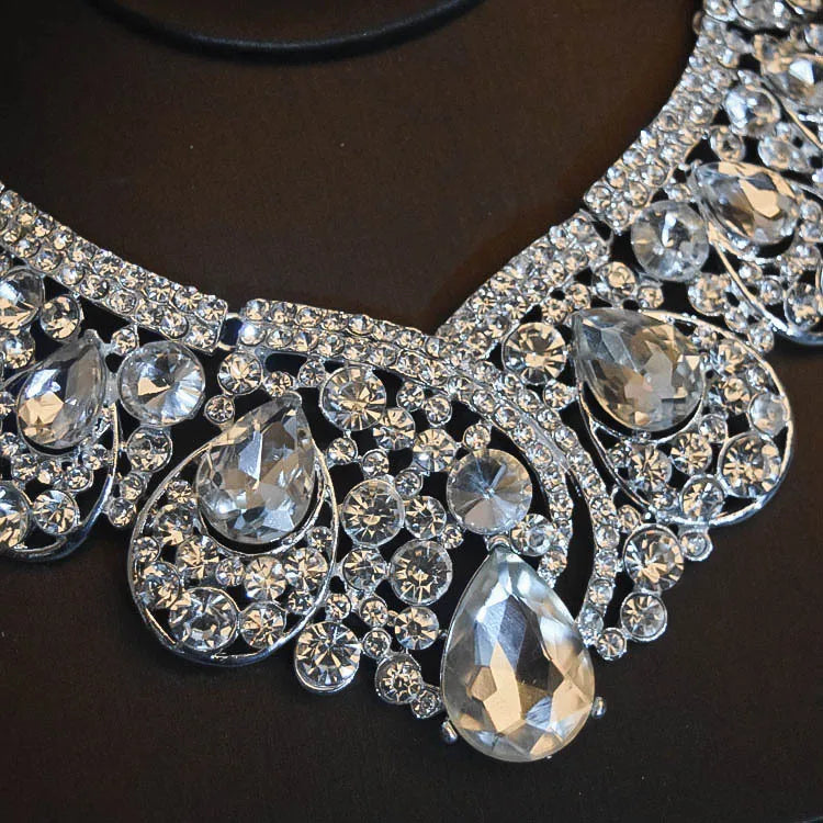 Luxury Big Rhinestone Bridal Jewelry Sets Silver Plated Crystal Crown Tiaras Choker Necklace Earrings Sets Wedding Accessories