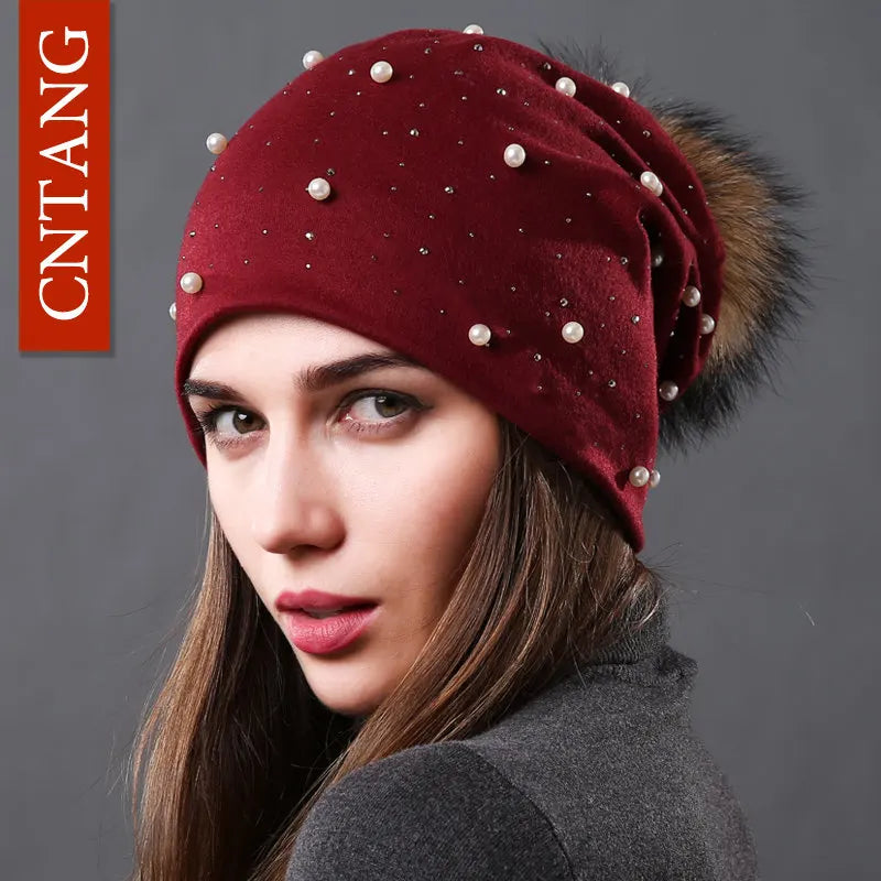 CNTANG Women's Fashion Hat Autumn Winter Rhinestones Pearl Hats Female Beanies Natural Raccoon Fur Pompom Cotton Warm Caps