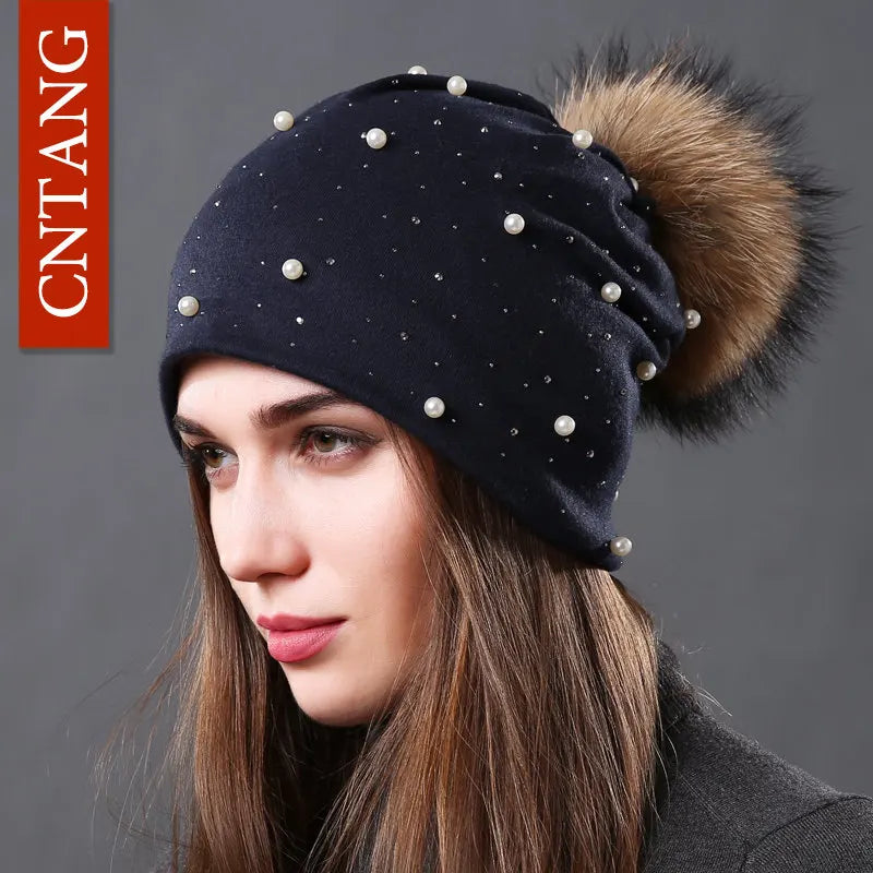 CNTANG Women's Fashion Hat Autumn Winter Rhinestones Pearl Hats Female Beanies Natural Raccoon Fur Pompom Cotton Warm Caps