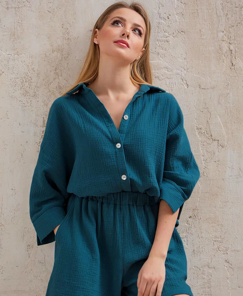 Cotton Pajamas For Women Sets Suit Casual Sleepwear Turn-Down Collar Nine Quarter Sleeve Sleep Tops Shorts Female Homewear 2023