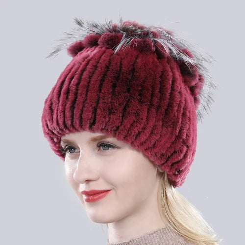 Hot Sale Russia Winter Quality Real Fur Hat Natural Warm Rex Rabbit Fur Cap Lady Warm Knitted 100% Genuine Rex Rabbit Fur Hats