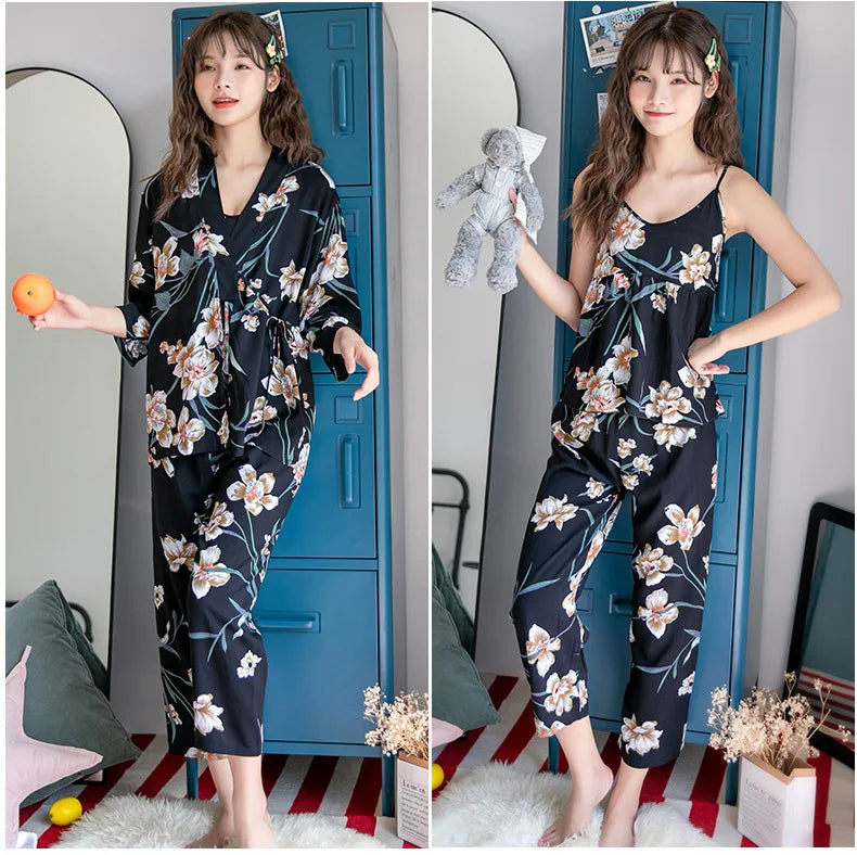 Women Sexy Pajama Sleepwear Sets Floral Printed Pyjama Femme Robe for Ladies Home Suit Spring Summer Nightwear Pijama 3 Pieces