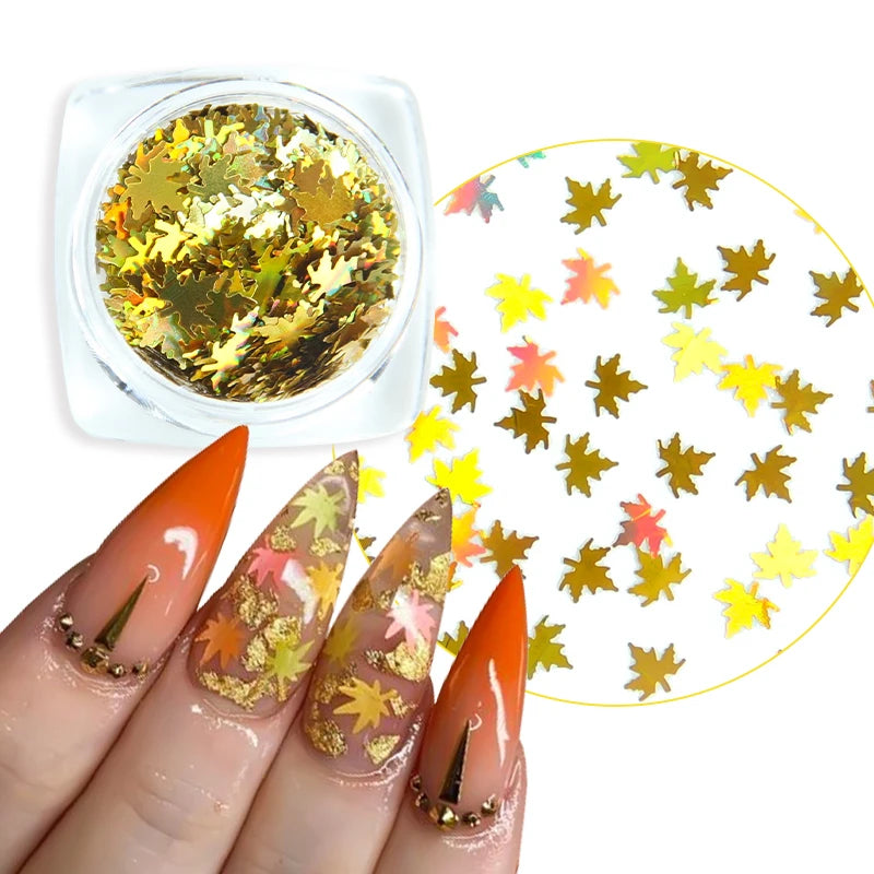 Lentejuelas Holográficas de Hoja de Arce, Brillantina para Uñas, Escamas de Lentejuelas Doradas Naranja Láser, Accesorios para Uñas de Decoración de Manicura de Otoño