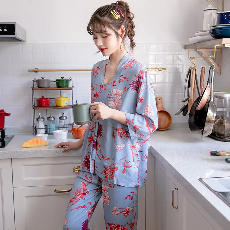 Women Sexy Pajama Sleepwear Sets Floral Printed Pyjama Femme Robe for Ladies Home Suit Spring Summer Nightwear Pijama 3 Pieces