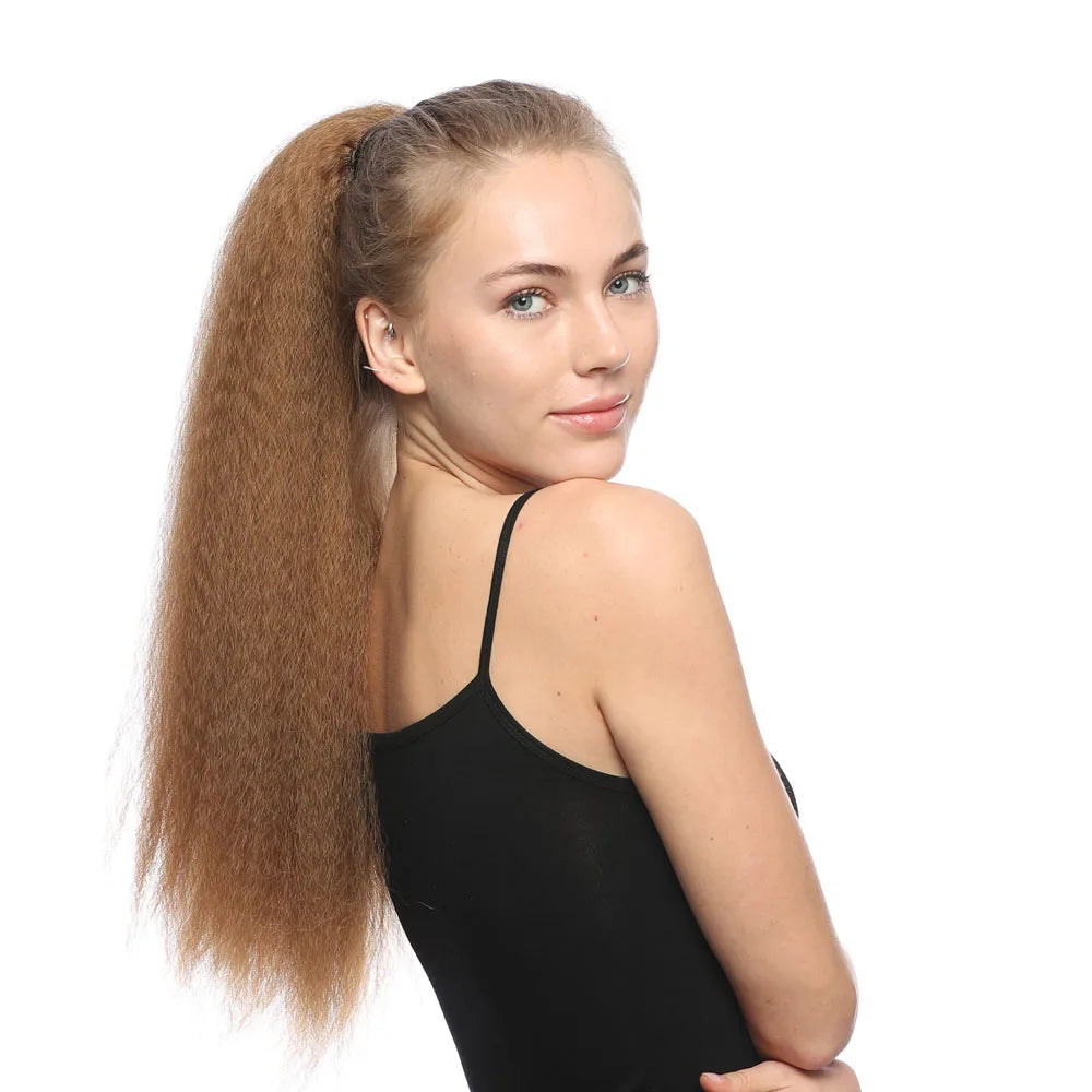 Extension synthétique afro queue de cheval longue, yaki bouclée, crépue, ondulée, douce, résistante à la chaleur, cheveux noirs pour usage quotidien féminin