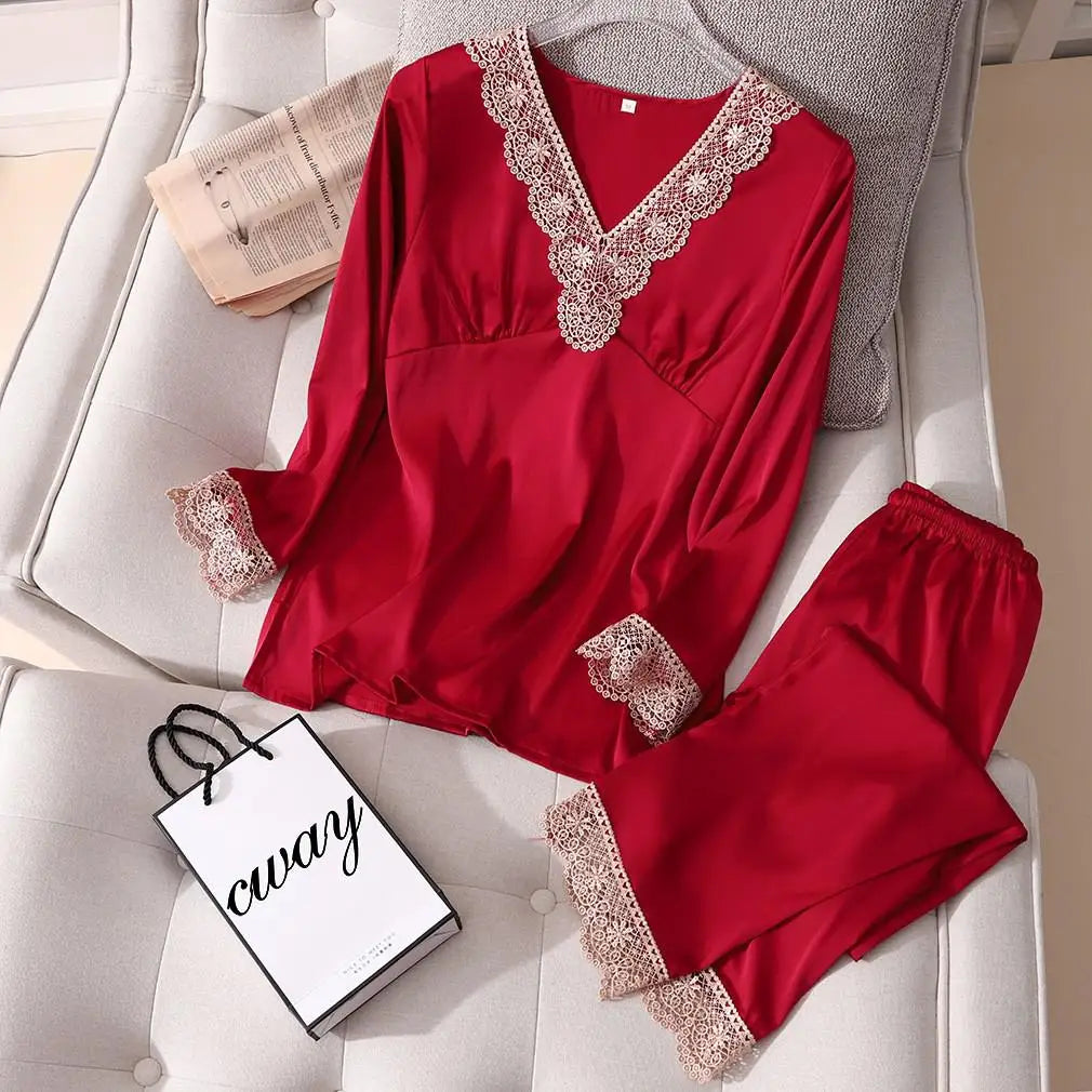 Conjunto de pijama de satén sedoso para mujer, manga larga, ropa de dormir casual, loungewear, rayón, 2 piezas para el hogar