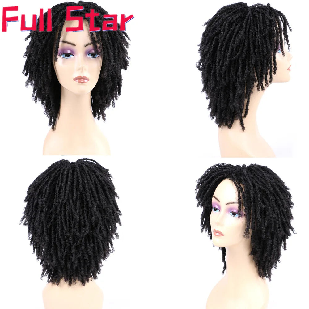 Full Star 14“ Dreadlock Curly Wigs for Black Woman Ombre Burgundy Brown Color Short Curly Locs Braids Wigs Party Daily Use