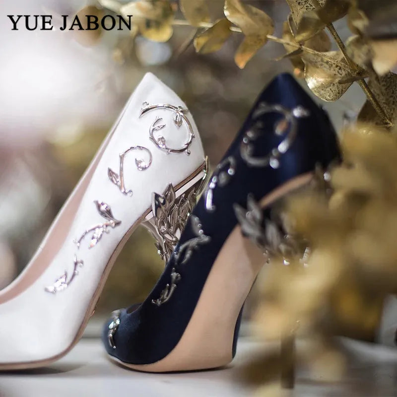 Luxury Leaves Metal Heel Pumps Women Shoes Pointed Toe Blue White Pink Black Silk Stiletto High Heels Wedding Bride Shoes 10cm