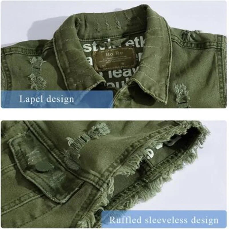 New vests Slim Fit Cowboy Male Jacket Vest Ripped Denim Vest Men's Jacket Sleeveless Casual Waistcoat Mens Jean Coat Green