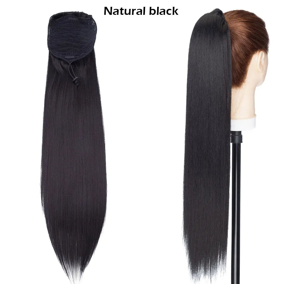 S-noilite Synthétique 22 pouces Afro Yaki Raide Queue de Cheval Pince à Cheveux Postiche avec Cordon de Serrage pour Femmes