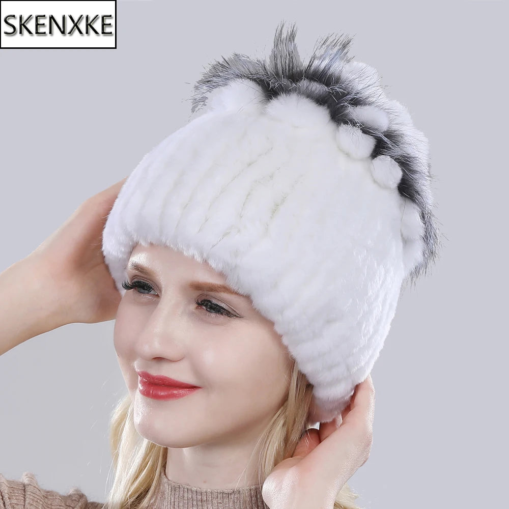 Hot Sale Russia Winter Quality Real Fur Hat Natural Warm Rex Rabbit Fur Cap Lady Warm Knitted 100% Genuine Rex Rabbit Fur Hats