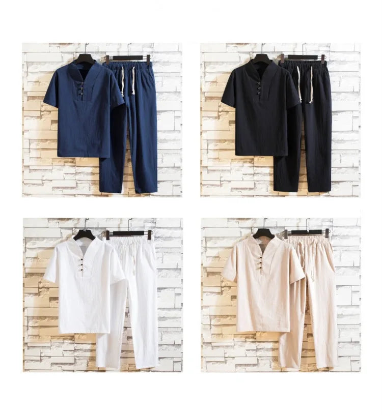 (Shirt + trousers) summer men shirt Man Cotton and linen shirts Short sleeve men's casual shirts men A set of clothes M-5XL