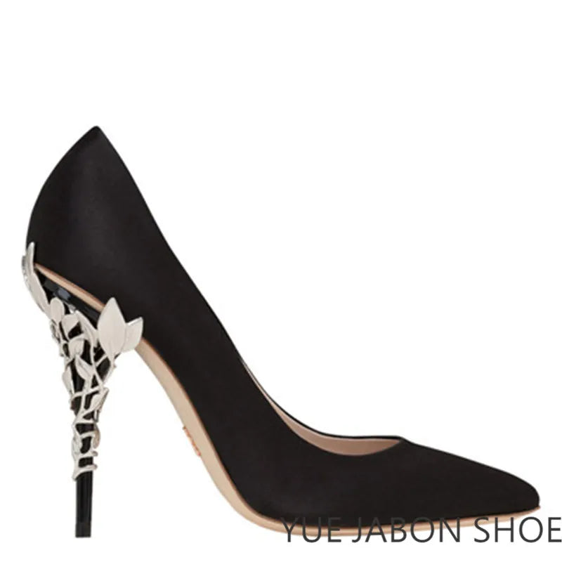 Luxury Leaves Metal Heel Pumps Women Shoes Pointed Toe Blue White Pink Black Silk Stiletto High Heels Wedding Bride Shoes 10cm