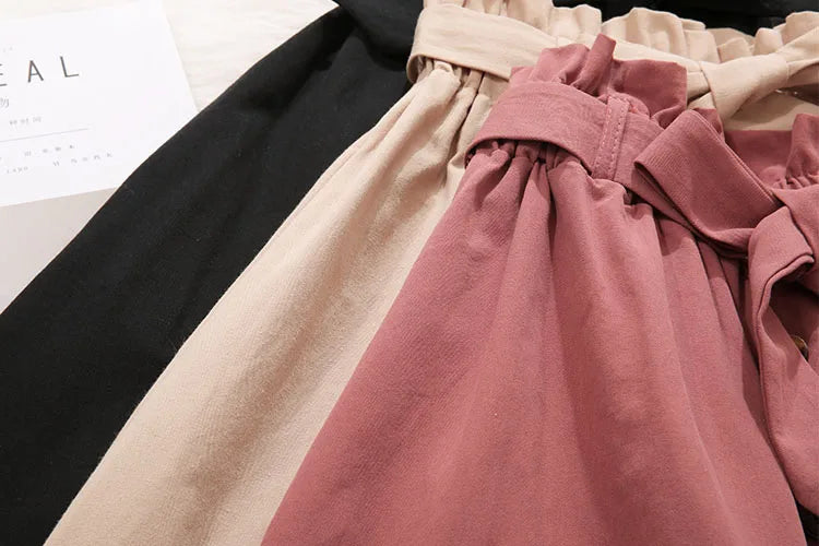 Women Summer Midi Skirt Girls Elegant Solid High Waist Spring Casual Single-Breasted Sashes Office Ladies A-Line Cotton Skirt