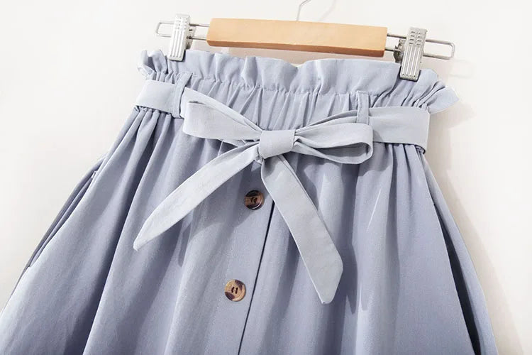 Women Summer Midi Skirt Girls Elegant Solid High Waist Spring Casual Single-Breasted Sashes Office Ladies A-Line Cotton Skirt