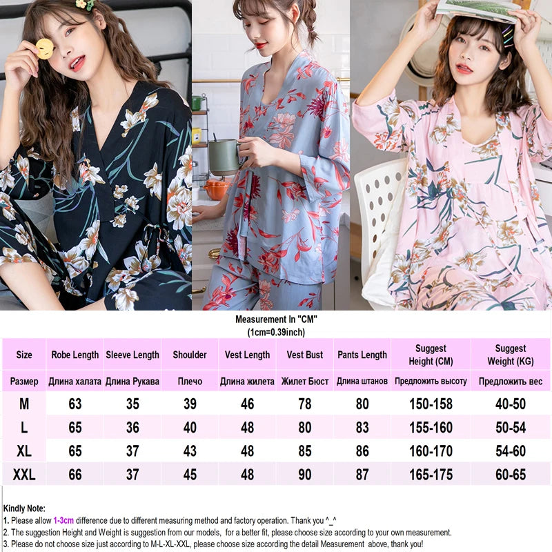 Women Sexy Pajama Sleepwear Sets Floral Printed Pyjama Femme Robe for Ladies Home Suit Spring Summer Nightwear Pijama 3 Pieces