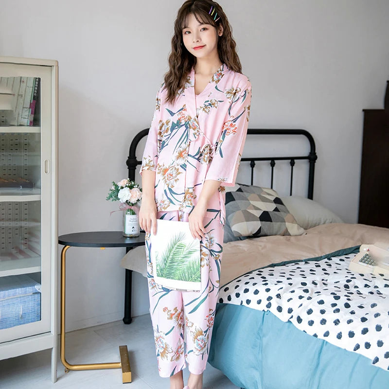 Women Sexy Pajama Sleepwear Sets Floral Printed Pyjama Femme Robe for Ladies Home Suit Spring Summer Nightwear Pijama 3 Pieces