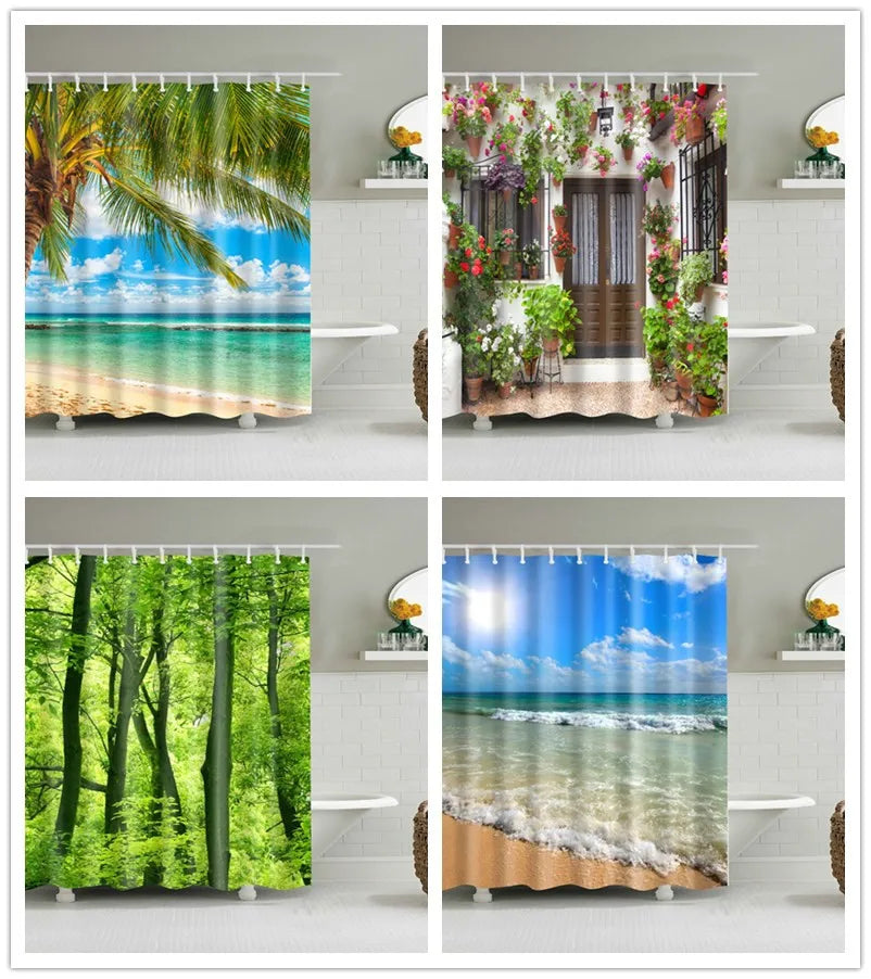 Cortinas de ducha lavables, diseño de playa, 120x180, paisaje digital 3D, estampado, impermeable, para baño, tela de poliéster