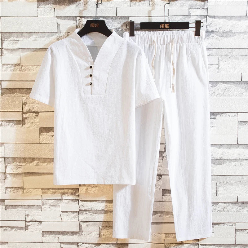 (Shirt + trousers) summer men shirt Man Cotton and linen shirts Short sleeve men's casual shirts men A set of clothes M-5XL