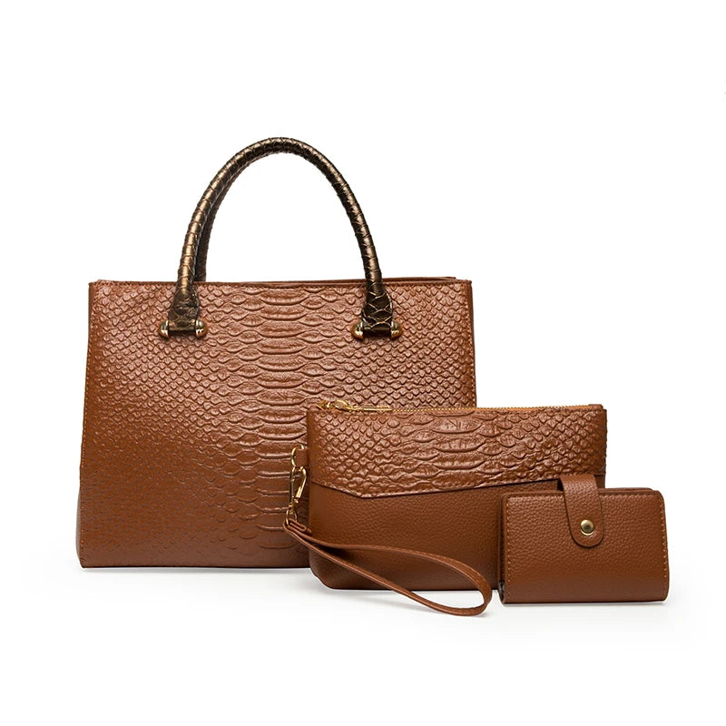 2022 Designer High Quality Soft PU Leather Women Handbag Set 3pcs Ladies Serpentine Vintage Tote Bag