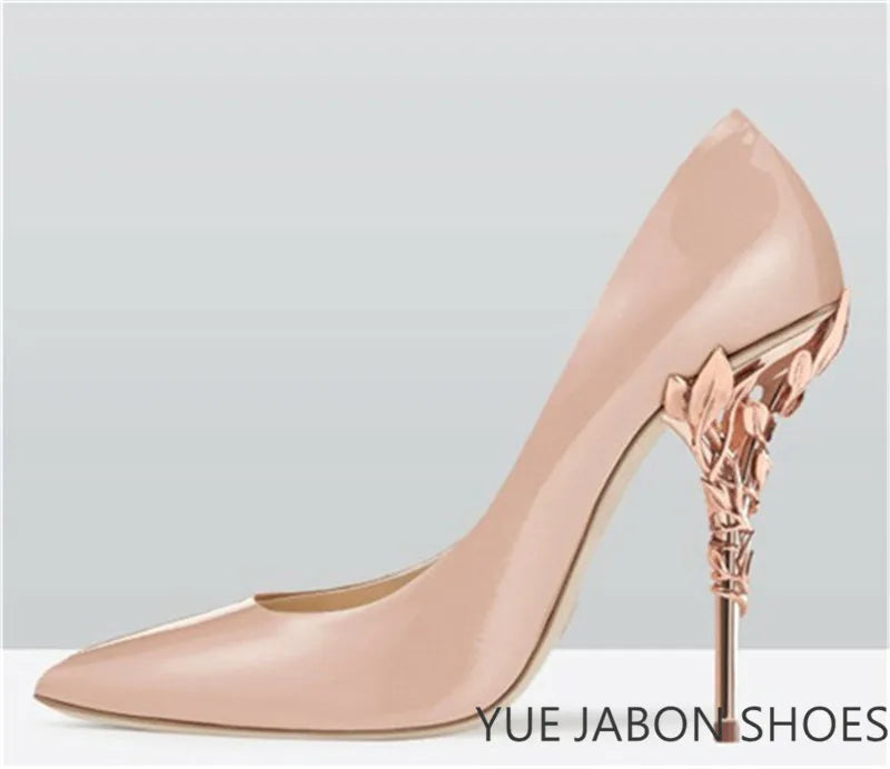 Luxury Leaves Metal Heel Pumps Women Shoes Pointed Toe Blue White Pink Black Silk Stiletto High Heels Wedding Bride Shoes 10cm