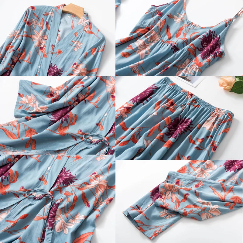 Women Sexy Pajama Sleepwear Sets Floral Printed Pyjama Femme Robe for Ladies Home Suit Spring Summer Nightwear Pijama 3 Pieces