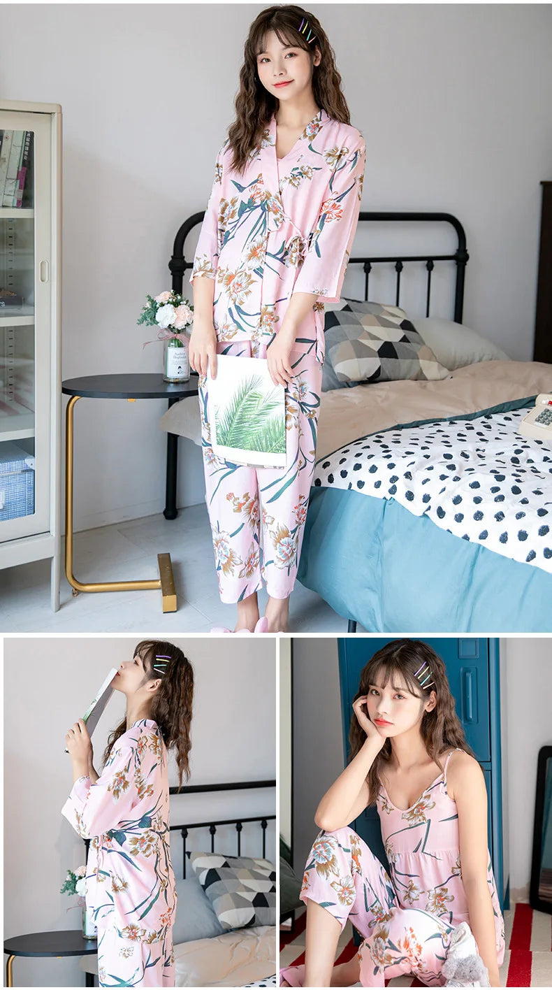 Women Sexy Pajama Sleepwear Sets Floral Printed Pyjama Femme Robe for Ladies Home Suit Spring Summer Nightwear Pijama 3 Pieces