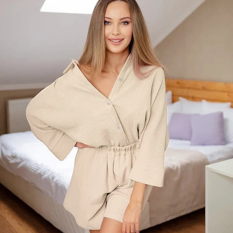 Cotton Pajamas For Women Sets Suit Casual Sleepwear Turn-Down Collar Nine Quarter Sleeve Sleep Tops Shorts Female Homewear 2023