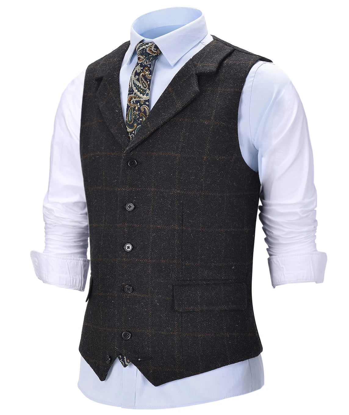 Men's Vintage Plaid Vest Wool Tweed Suit Vest Notch Lapel Waistcoat Groomsmen For Wedding