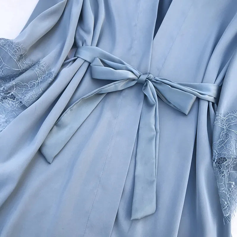 Pijama de cinco piezas para mujer, ropa de dormir para primavera y verano, camisón, bata de baño sexy de encaje, bata de satén de seda suelta para el hogar, ropa de estar en casa